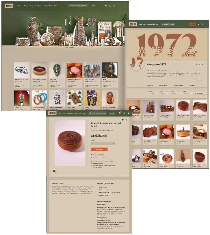 Qraftiq website screens showing the shop, a collection page and a product detail page